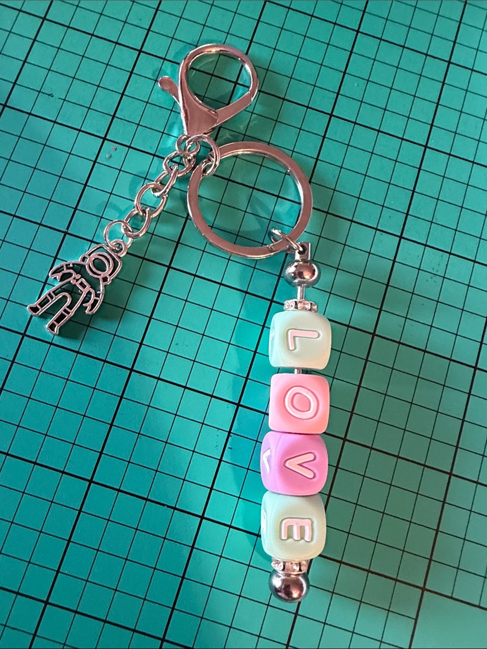 Pastel Pink & Mint 'LOVE' Bead Keychain with Silver Charm